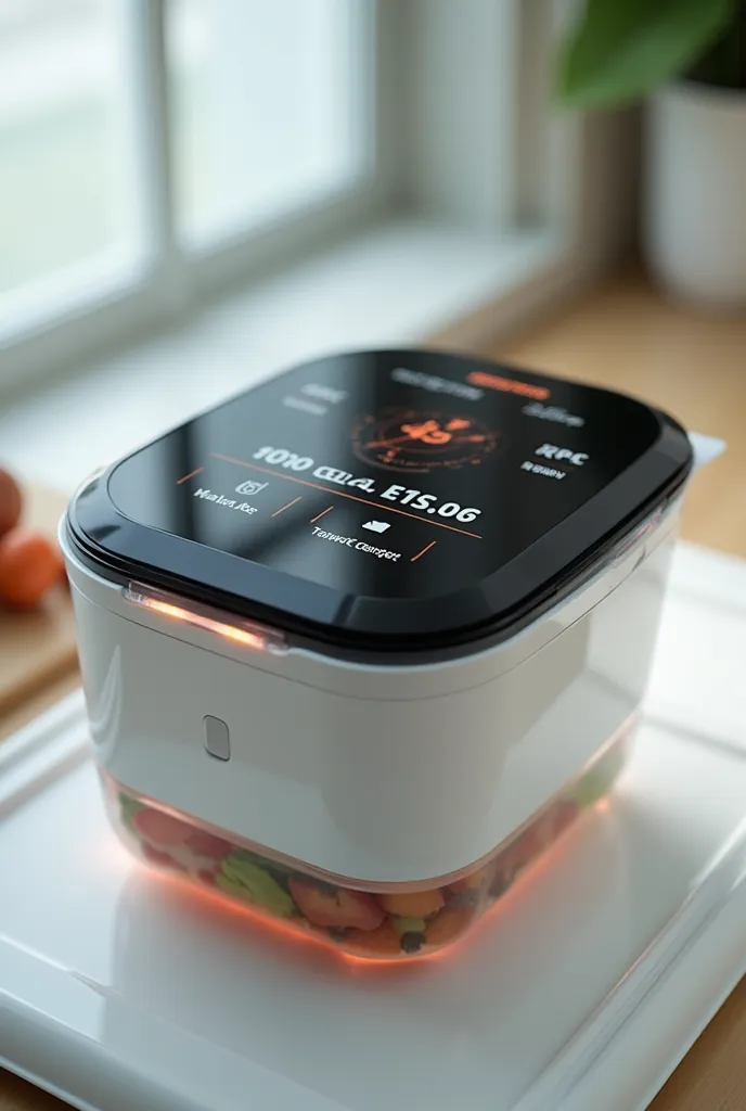 tupper food scanner with cool screens that measure time and temperature,  shape with a food scanner, keep your tupper