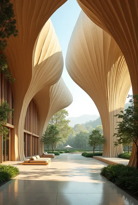 create me a pavillion that inspired in ylang ylang flower the size will be bigger that can accommodate 500 people inside the pav...