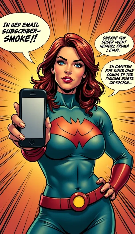 comic book art woman  holding a phone with “new email subscribers” notifications floating around