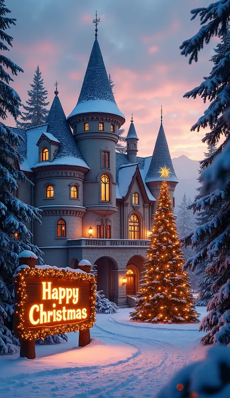 "a majestic, snow-covered castle with tall, elegant towers and intricate architectural details, nestled in the heart of a dense ...