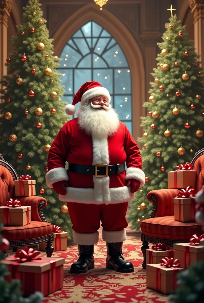 santa clause inside mansion with a lot of presents around,merry christmas card