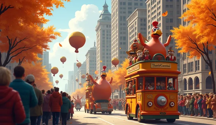 A classic Thanksgiving parade scene with colorful floats and marching bands.