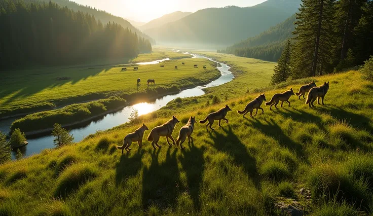 a realistic aerial photograph of the yellowstone national park, showing a lush green valley with meandering rivers and forests. ...