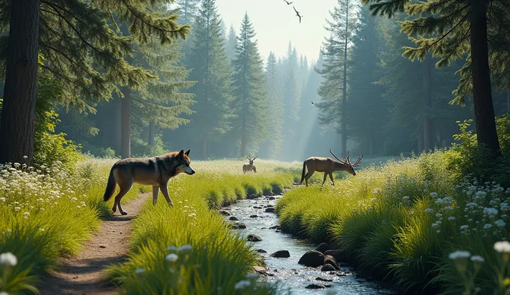 "a realistic photograph of a vibrant forest teeming with life, restored by the presence of wolves. in the foreground, a gray wol...