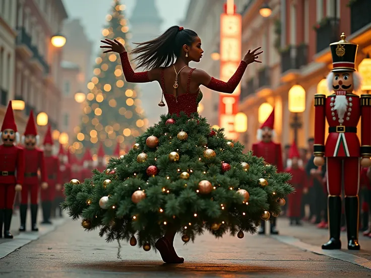 a magical and realistic 4K photograph representing a hip hop dancer in a Christmas tree dress, et pull de noel entourée de lutin...