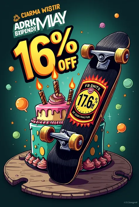 Imagem no estilo skateboards,
With a discount coupon promotion  (word for word) 16% off in the Store and on the Site, 
 promotio...