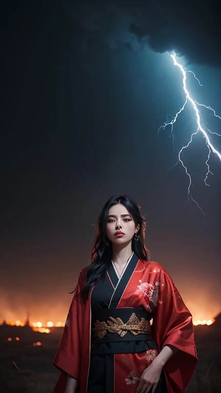 a fierce and confident woman with a glowing katana, dressed in a traditional red and black kimono with floral patterns. her face...