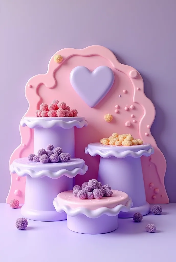 create a stand based on half-pastel purple and pink colors for a candy brand, specifically purple gummies