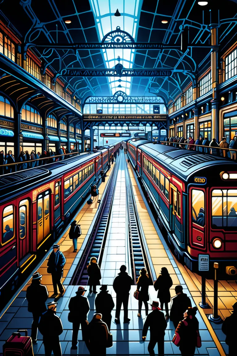 busy train station. by dan mumford.
best quality, masterpiece, intricate details, ultra-detailed