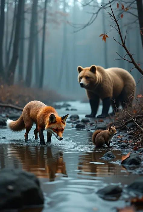 photo of the animals in the river , vulpe the fox ,  the squirrel and the other animals like a bear where they take refuge in th...