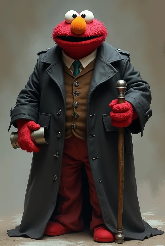 elmo, with angry look .  full body view.  he is wearing a large floor-length coat,  a cylinder and a walking stick with a metal ...