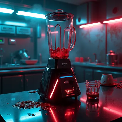 a hyper-realistic, dark cyberpunk kitchen centered around a sleek, futuristic blender, its design sharp and angular, with glowin...