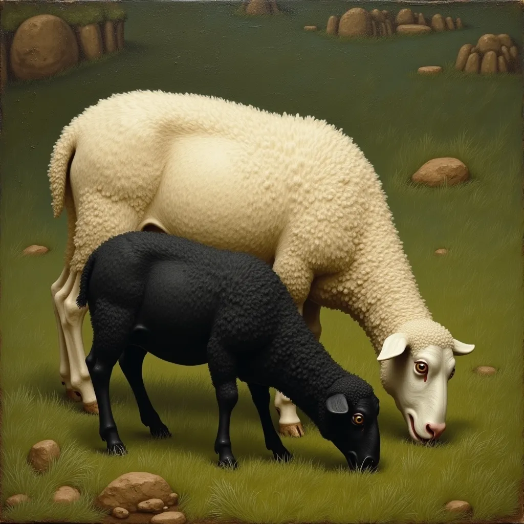 Early Renaissance-style image, of a white and black sheep eating grass with no background