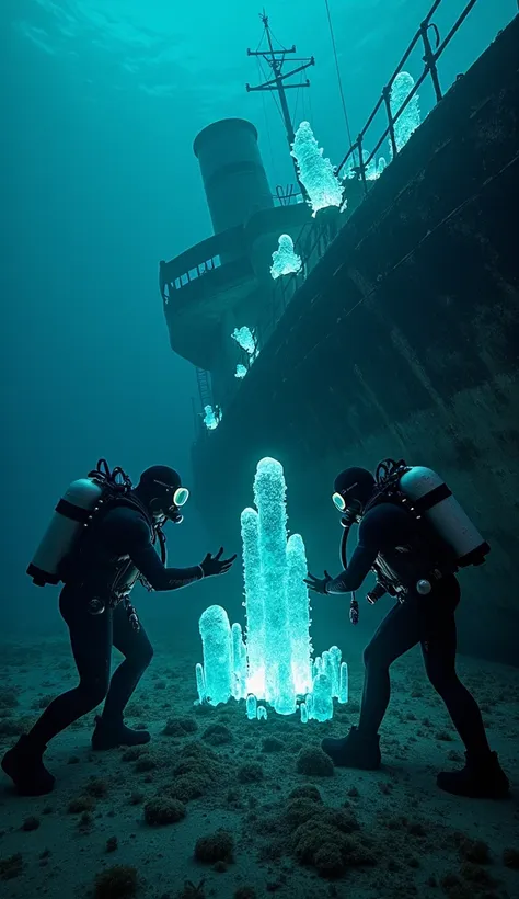 divers collecting samples of glowing crystals growing along the hull of the sunken ship