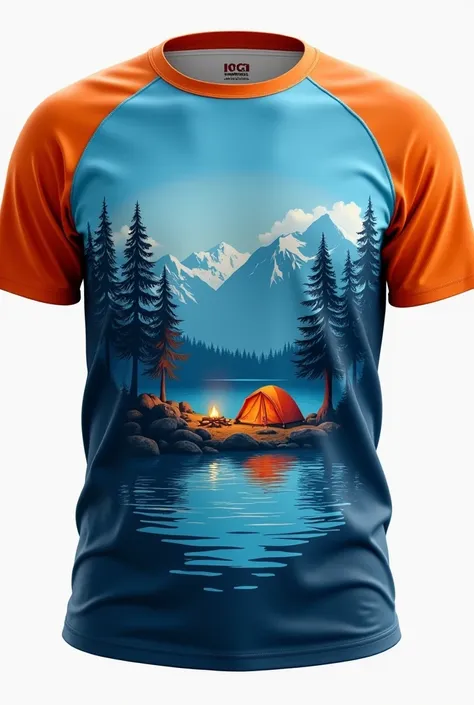 a pioneering blue t-shirt with orange and light blue sleeves with the landscape of a cry ren camping