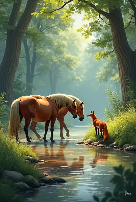 horses and fox in river side