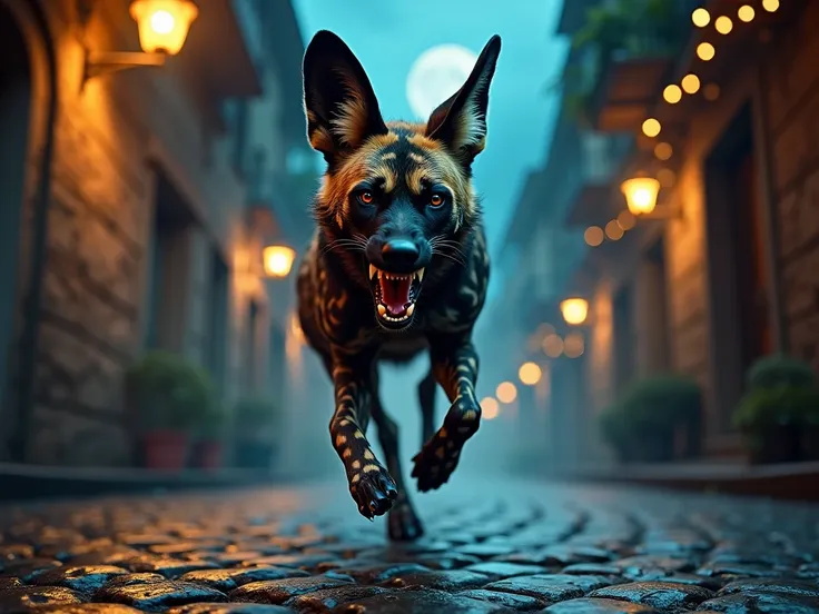 "draw me an image of an african wild dog running directly toward the camera on a cobblestone street at night. the scene is illum...