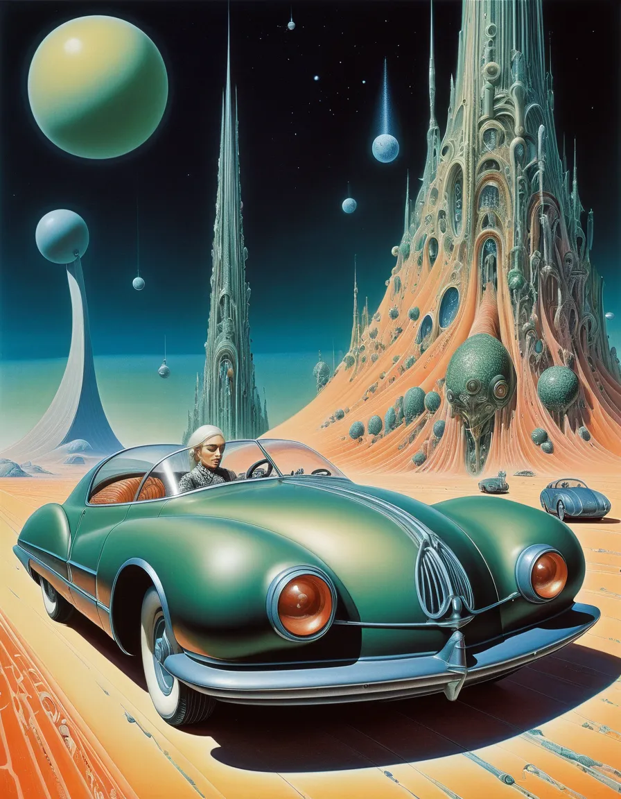 kay nielsen, basil gogos, alberto savinio, james gurney, surrealism, a woman drive a scifi super open car on an alien planet