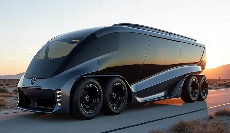 design a sleek, long 2025 mercedes motorhome with a striking machine gray exterior. this motorhome should feature a bold, futuri...