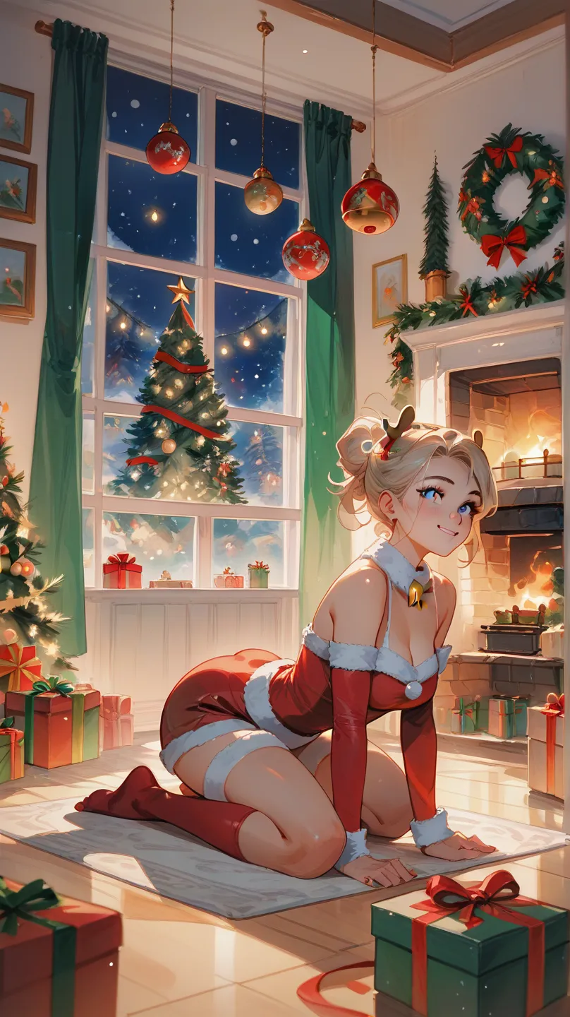 Lively and cute， a beautiful girl in a Christmas dress，pretty girl，Hand over gifts ，The background is a warm Christmas room ，nig...