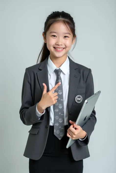 a korean teenage schoolgirl, approximately , dressed in a white shirt, a dark gray blazer, and ((a silver colored necktie with "...