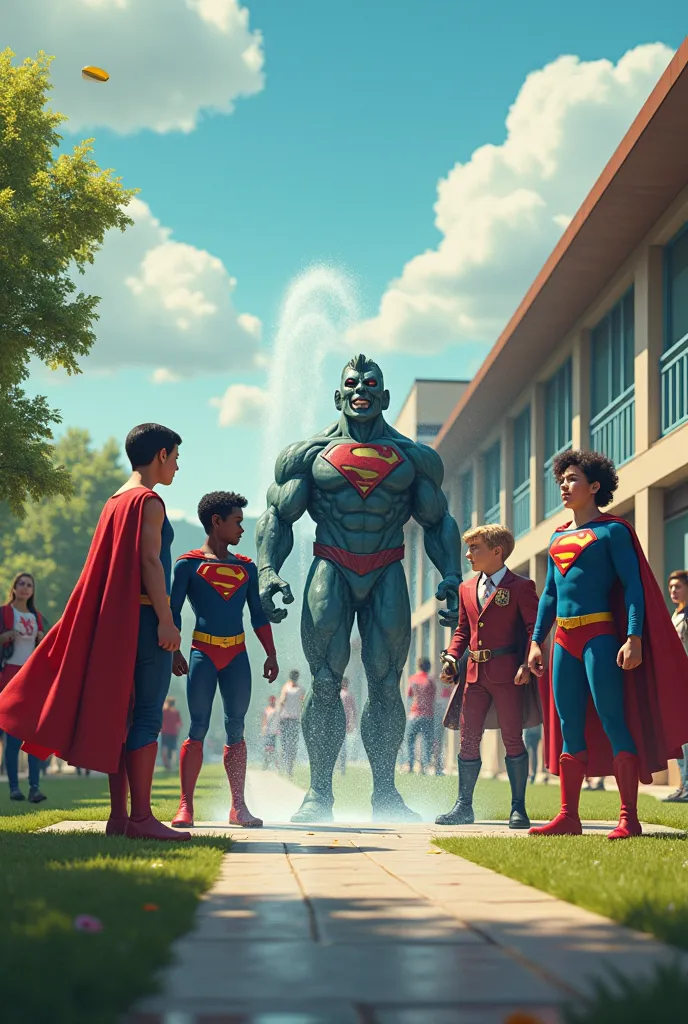 superheroes look at the villain who wastes water at school