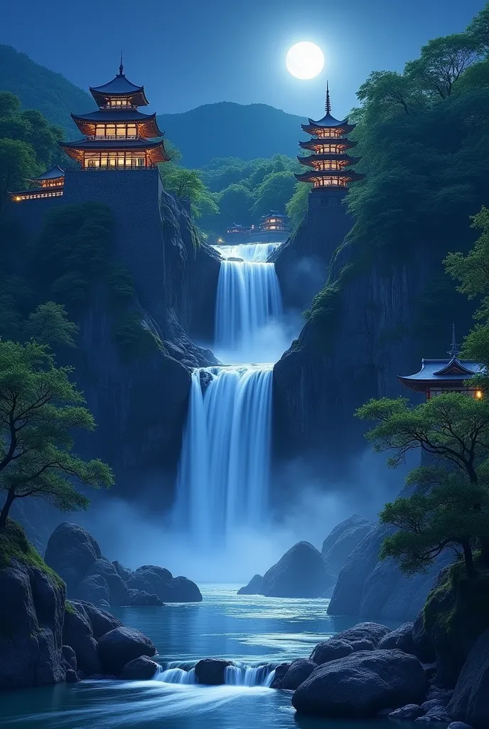 the waterfall from kiyomizu-dera is fantastically photogenic。time: night。