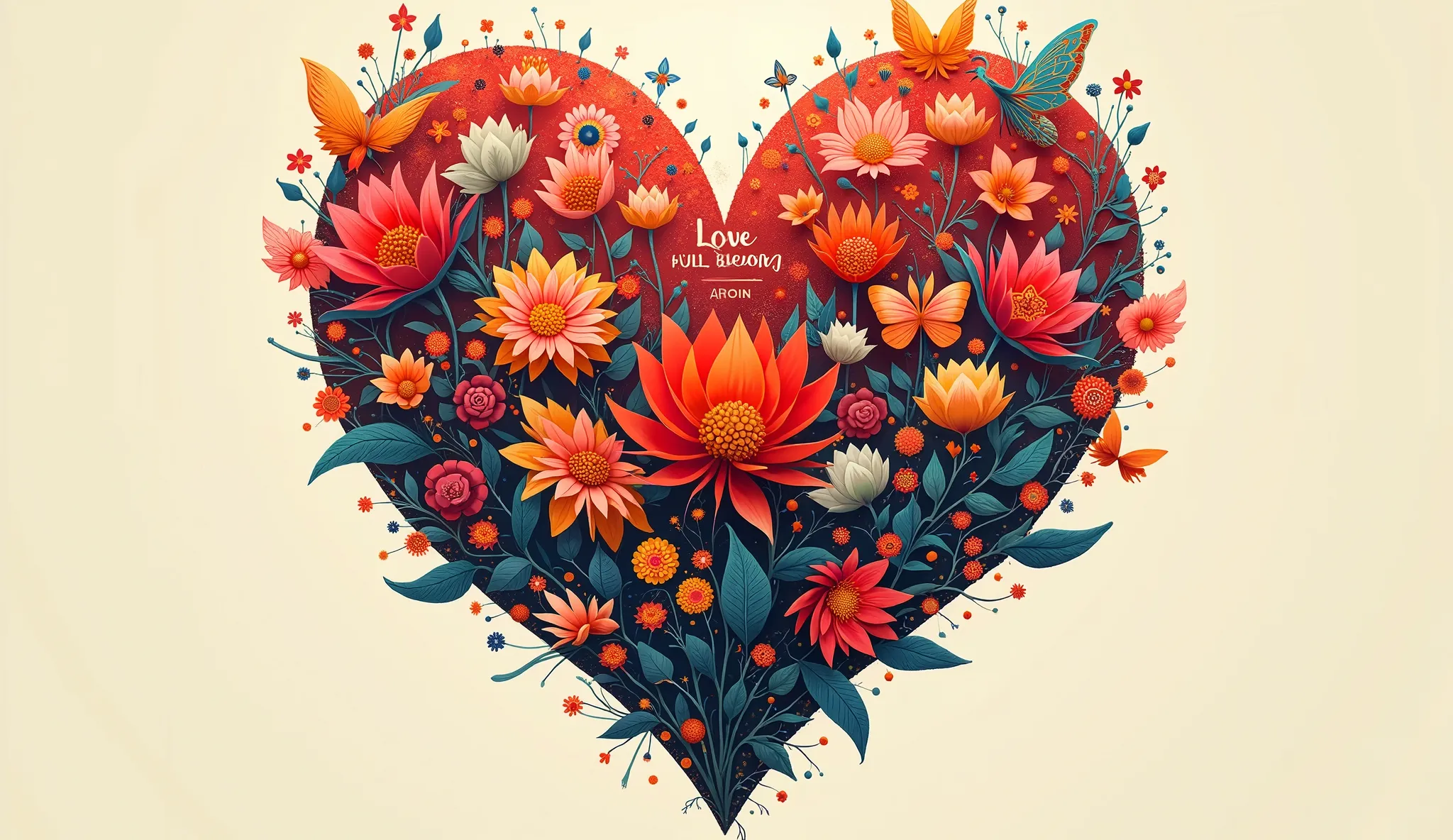 "a surreal heart-shaped flower bursting with maria prymachenko-inspired patterns and details. the petals are filled with intrica...