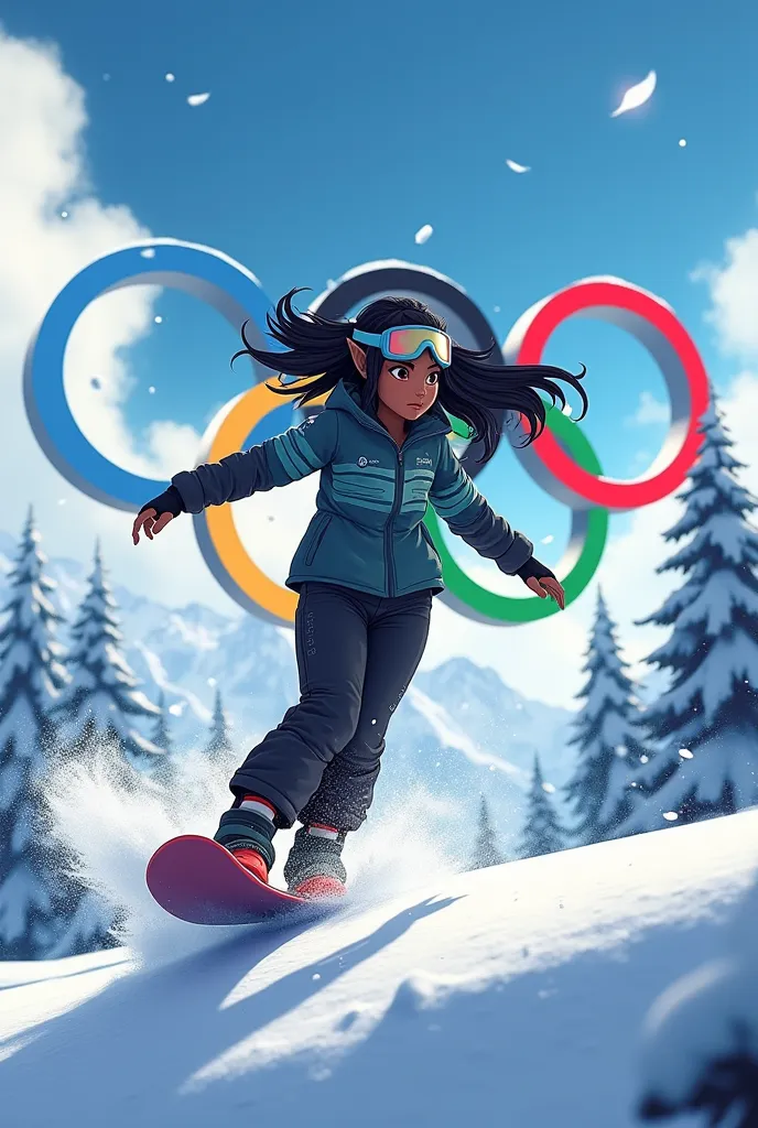 crees moi une image animée d'une elfe de noël cheveux noire peau noire faisant du snowboard sur le theme des jeux olympiques ave...