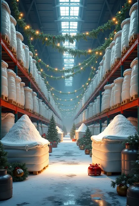 chemical warehouse where denson sodium carbonate appears in bulk and that the warehouse has a christmas motive