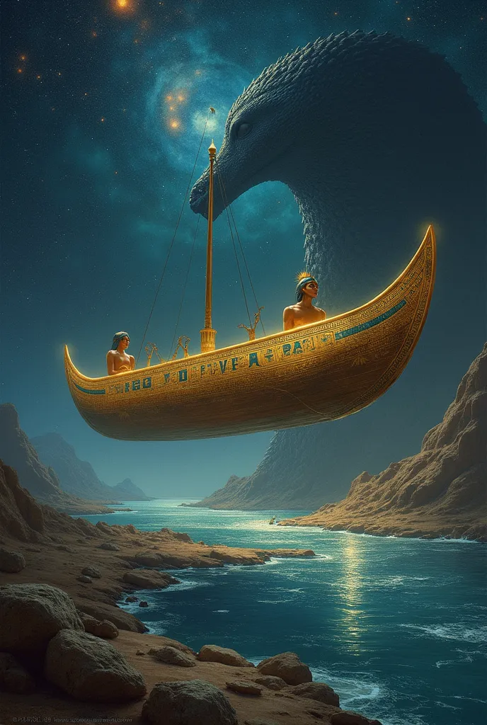 ra's solar boat floating above a river full of stars , while a giant snake appears as a gigantic shadow in the background, ready...