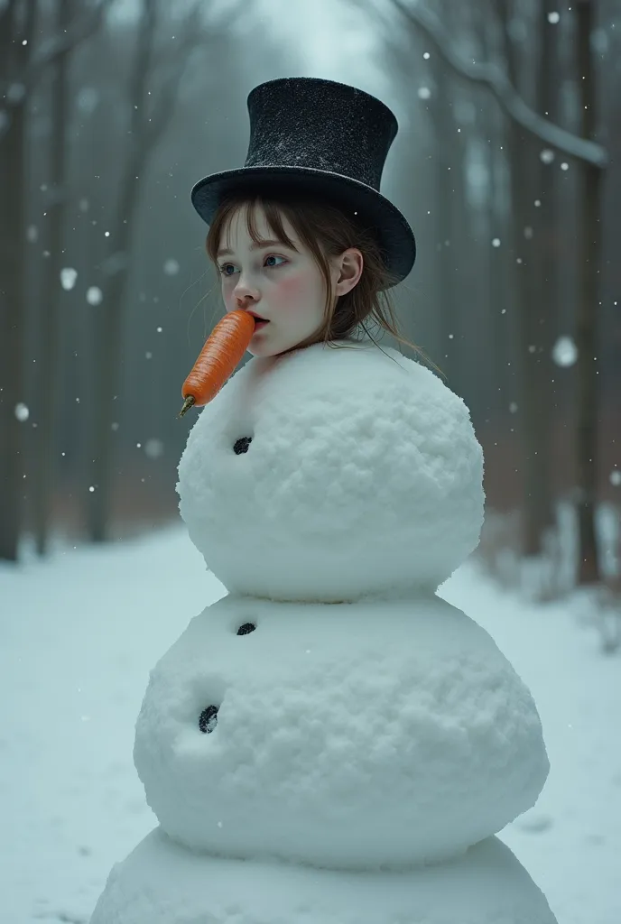 the severed head of a young woman rests on the body of a headless snowman. the snowman has 2 snowballs and the severed head on t...