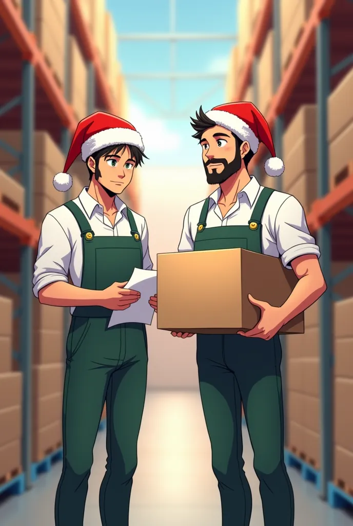 create an image of two men working in a warehouse ,  one person with a box in their hand and the other with a sheet of paper in ...