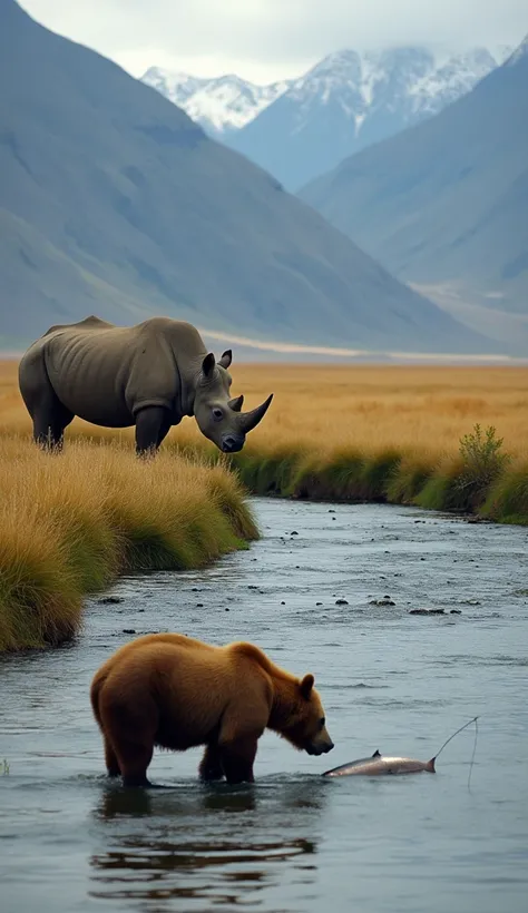 a grizzly bear fishes for salmon in a river, while a rhinoceros grazes on the open plains nearby. the two animals appear distant...