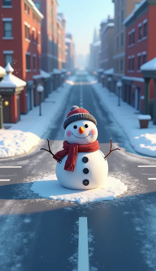 a snowman in a human-like pose is sitting in the scene of an urban street intersection covered with ice and snow. from a top-dow...