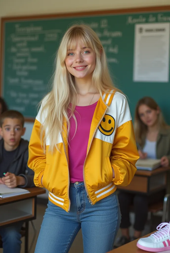 grainy image. russian young woman with pale skin, large and expressive light blue eyes, long silky blonde hair combed with bangs...