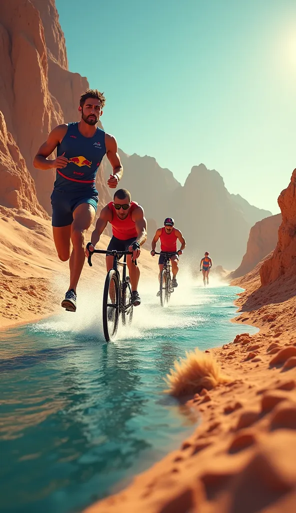 dynamic cgi flyer for a desert and oasis triathlon, inspired by modern redbull ads. it features one athlete running, another ath...