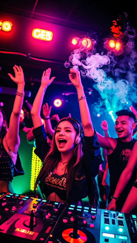 a vibrant nightclub scene with an energetic crowd dancing and cheering, hands raised in the air, colorful neon lights flashing, ...