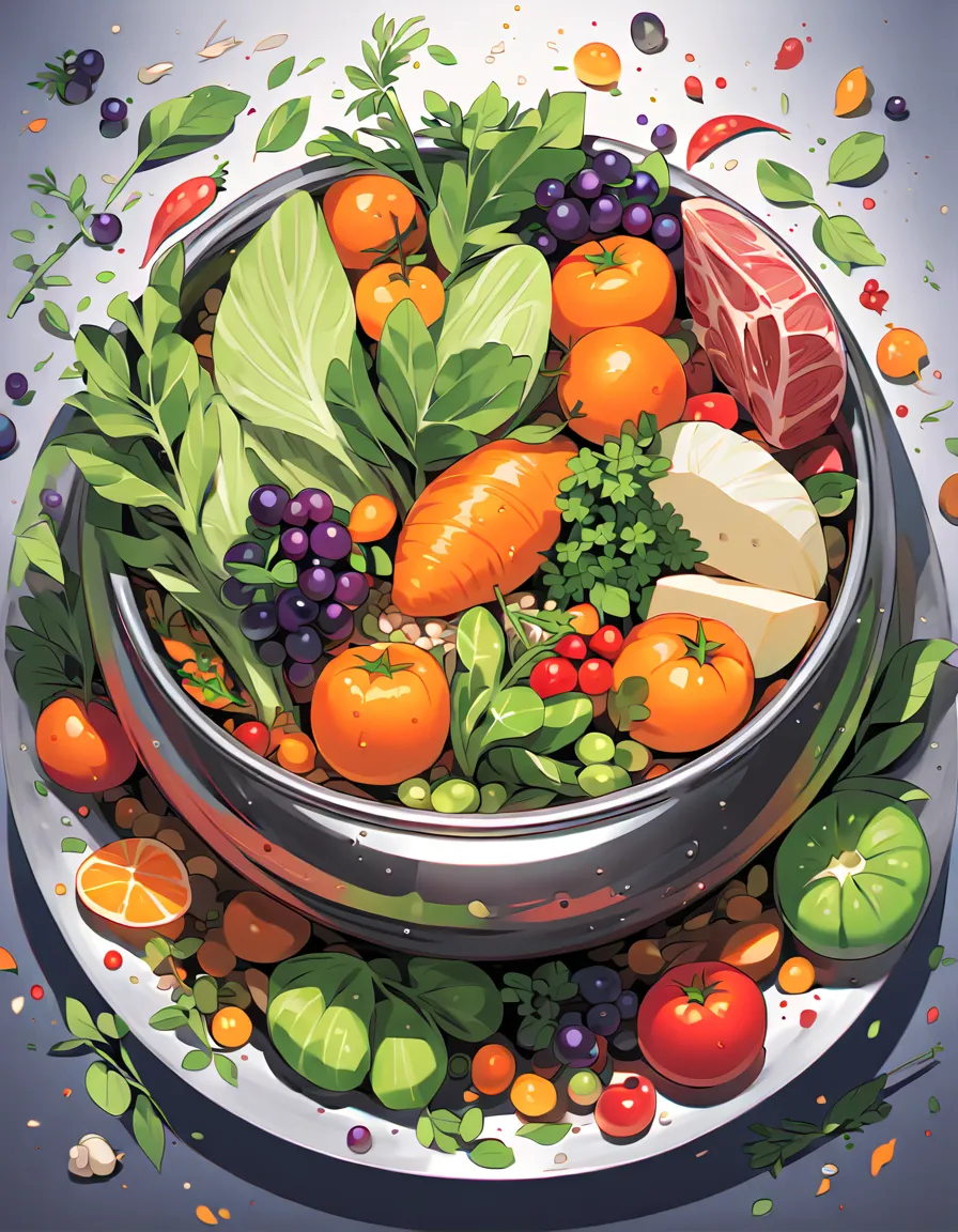 natural food for dogs, in a stainless steel bowl, plenty of vegetables, green, fruits and flesh