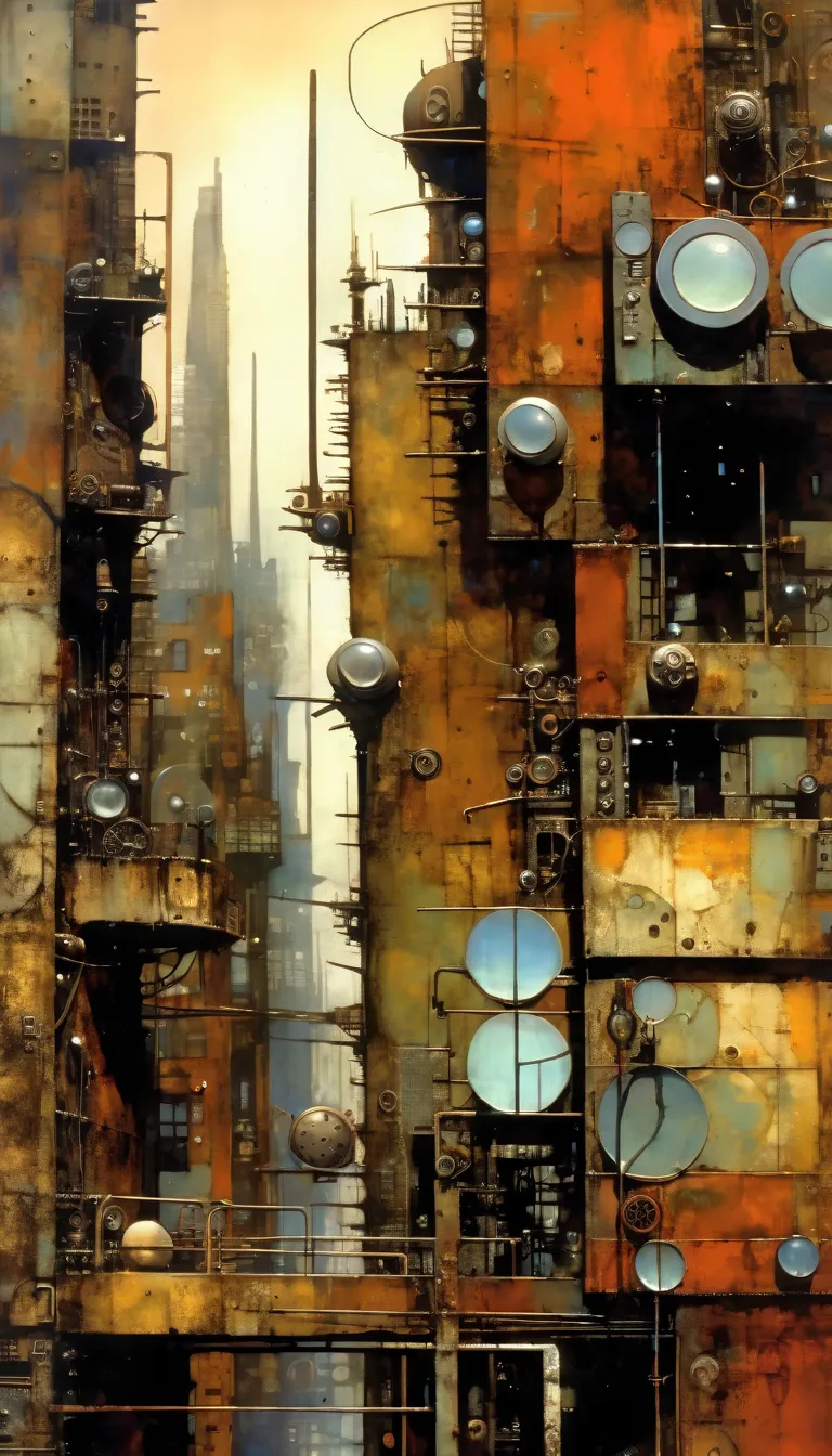 futuristic city.1.5, rusty metal city, lots of details (dave mckean inspired art, intricate details, oil painting)