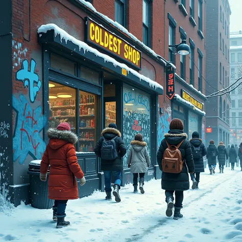 write coldest shop on a street wall with graffiti and that graffiti should remind the cold day