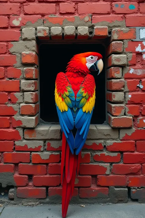 mural simulating aged bricks with macaw coming out of the red wall