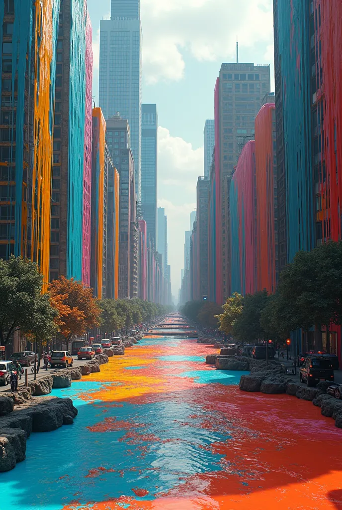 a big modern city with flooded buildings but not with water
rather with paint
we see the buildings engulfed in the paint