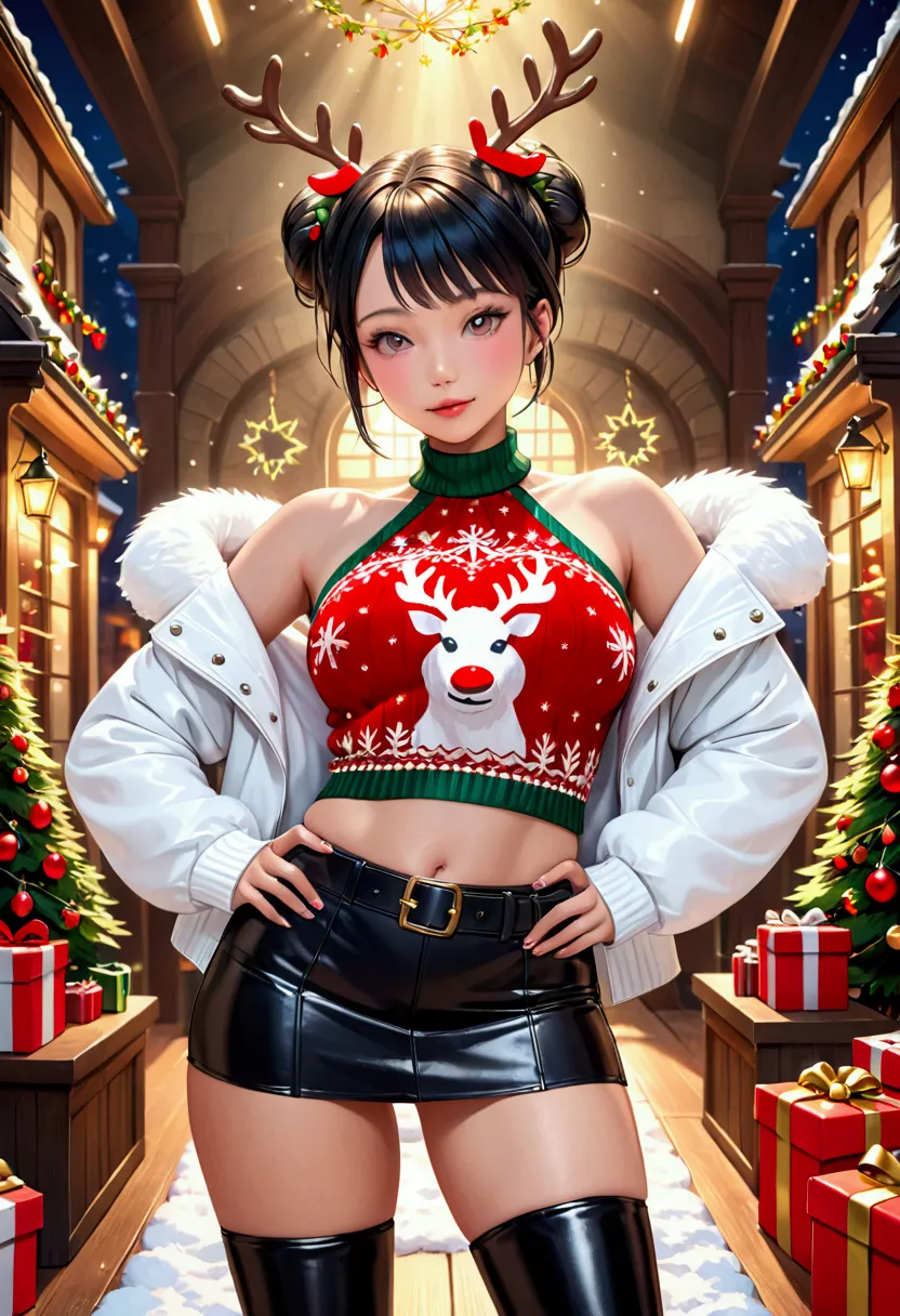 a cute woman, 20 years old, hair up in a fancy style, wearing a leather miniskirt with light up reindeer on the hips, a fluffy w...