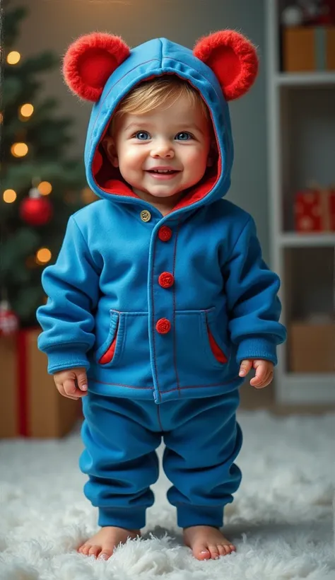 hyper-realistic oil-painted image of a smiling and cute little haired baby wearing a vibrant blue hooded set, decorated with a v...