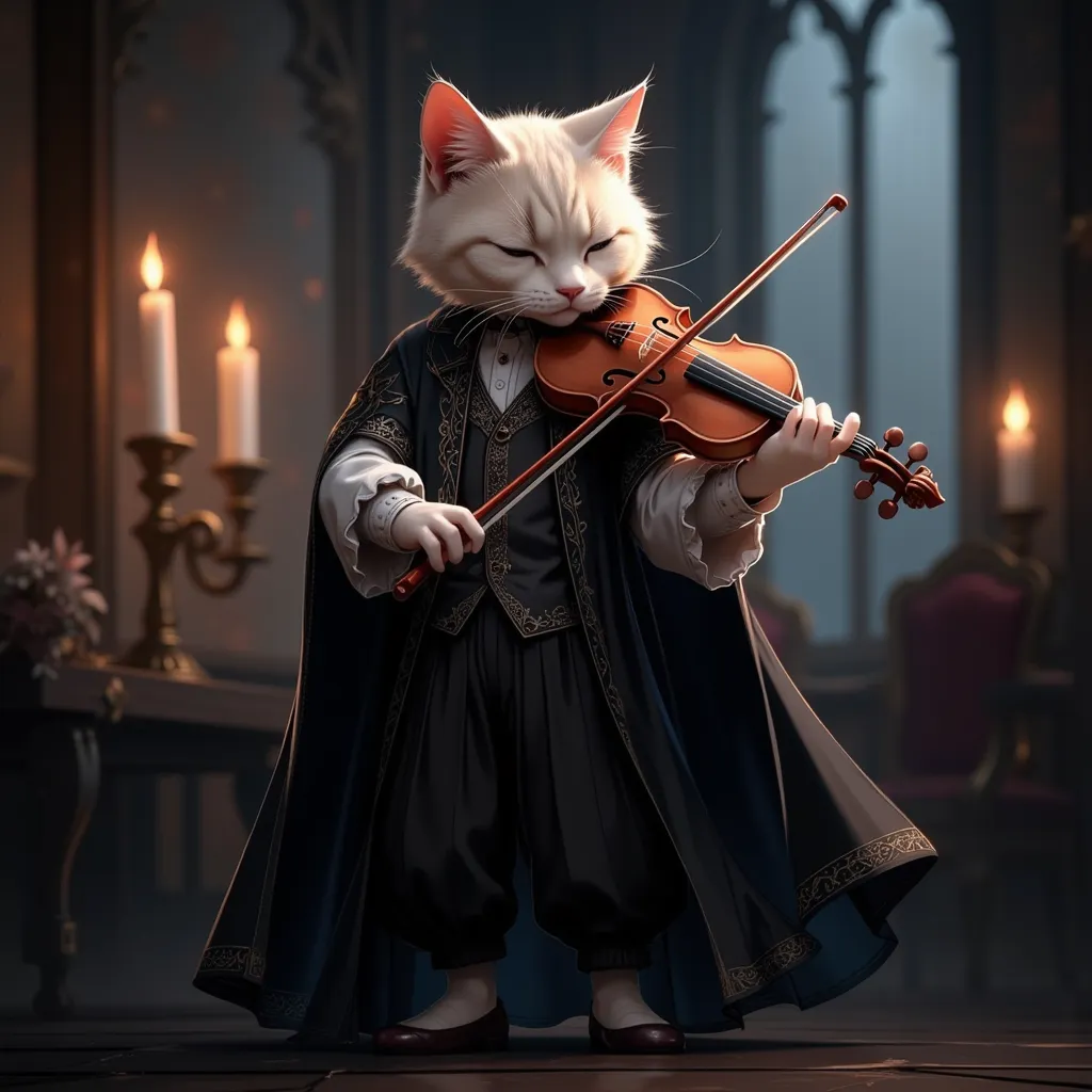 t5 style prompt:

"a cute anthropomorphic cat dressed in a gothic-style outfit, performing with a violin. the cat's attire featu...