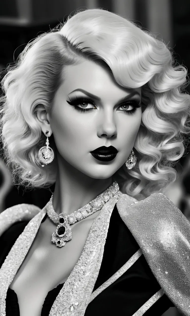 taylor swift in the role of a trailer trash cruella de vil (iconic black and white disney hair, overdone slut makeup, trampy clo...