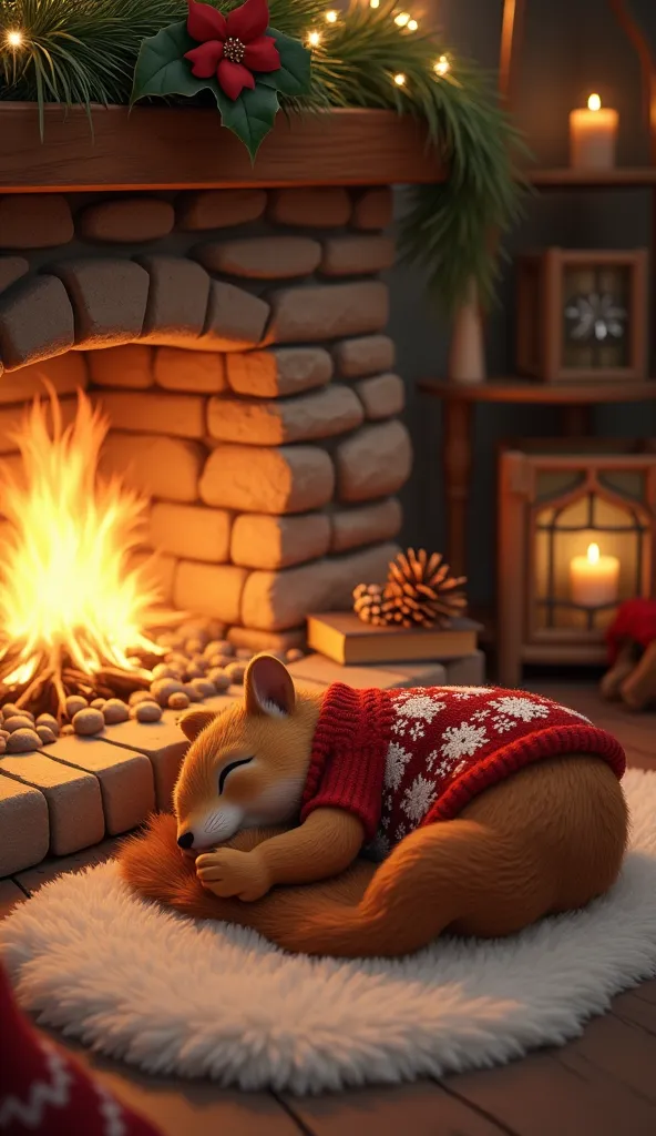 anthropomorphic squirrels sleep in a gentle sleeping face 。 sleep curled up on a plush rug laid in front of a stone fireplace、su...