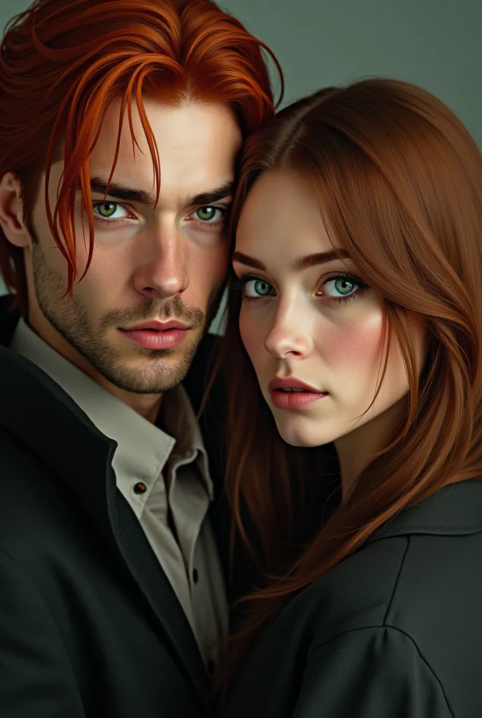 a man with long red hair with green eyes next to a woman with medium brown hair and blue eyes