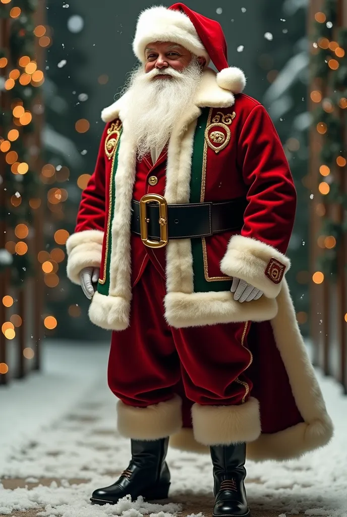 santa claus dressed in a traditional-style costume reimagined by gucci: a luxurious red velvet suit with gold gucci monogram emb...